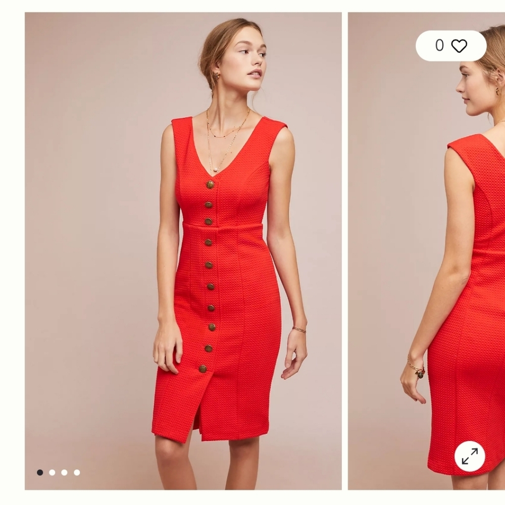 Anthropologie Red Button-Front V-Neck Midi Dress